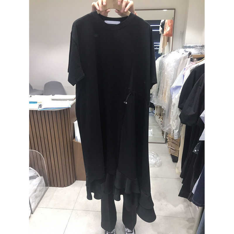 Spring Summer Simple Spelling Patchwork Ruffles O-Neck Casual Mid-Calf Dresses Women 210615