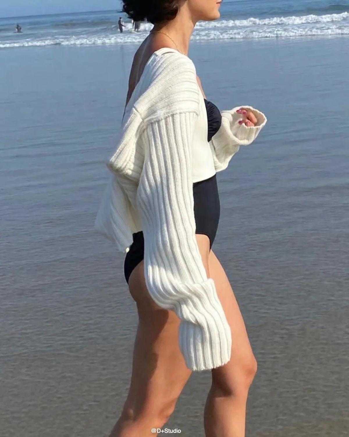Stylish Striped Line Rib Knitting Shawl Sweater Cropped Women Cardigan Long sleeve Scarf Streetwear Autumn Winter 210914