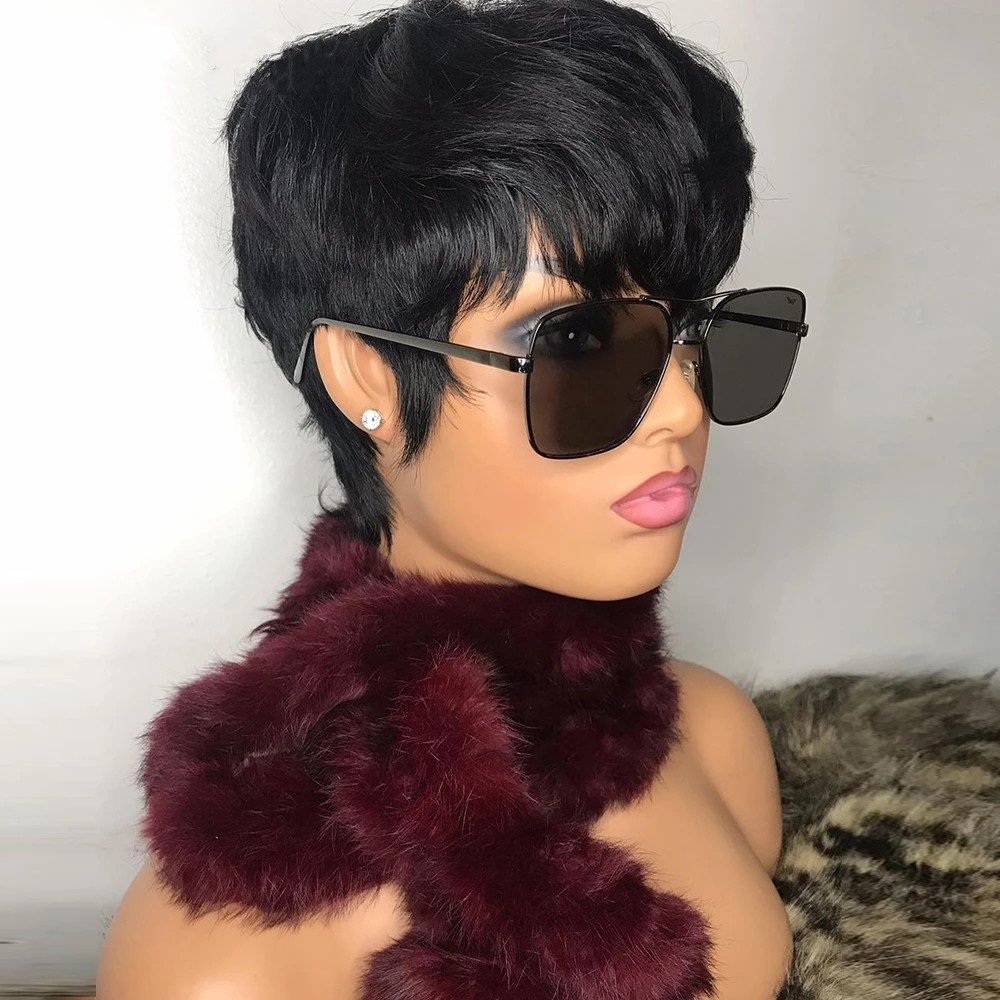 Wholesale Short Bob Wig Pixie Cut Brazilian Virgin Human Hair No Lace Front Wigs With Bangs Glueless For Black Women
