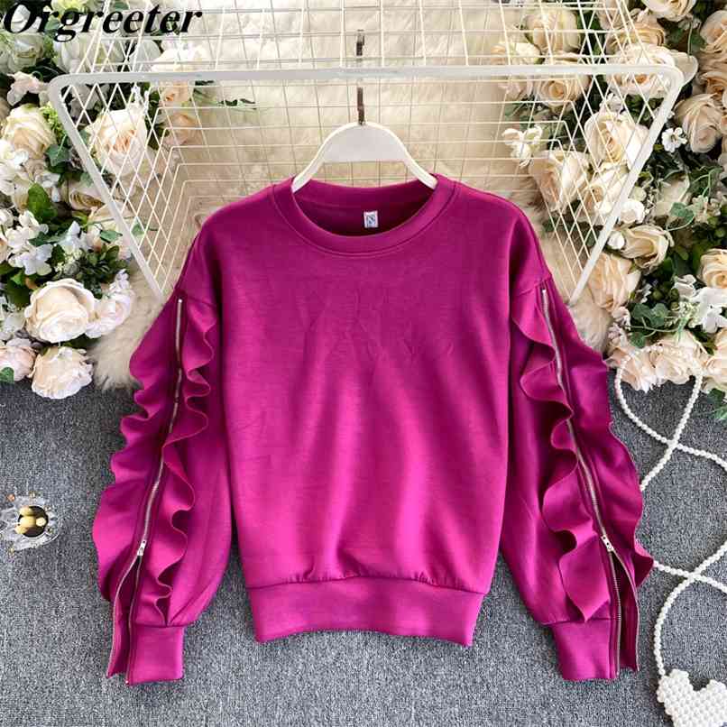 Chic Zipper Lotus leaf Trim Sleeve Space cotton Sweashirt Women' Soft Casual Fashion O-neck Pullover Tops 210602, Fuchsia
Chic Zipper Lotus leaf Trim Sleeve Space cotton Sweashirt Women' Soft Casual Fashion O-neck Pullover Tops 210602, Fuchsia