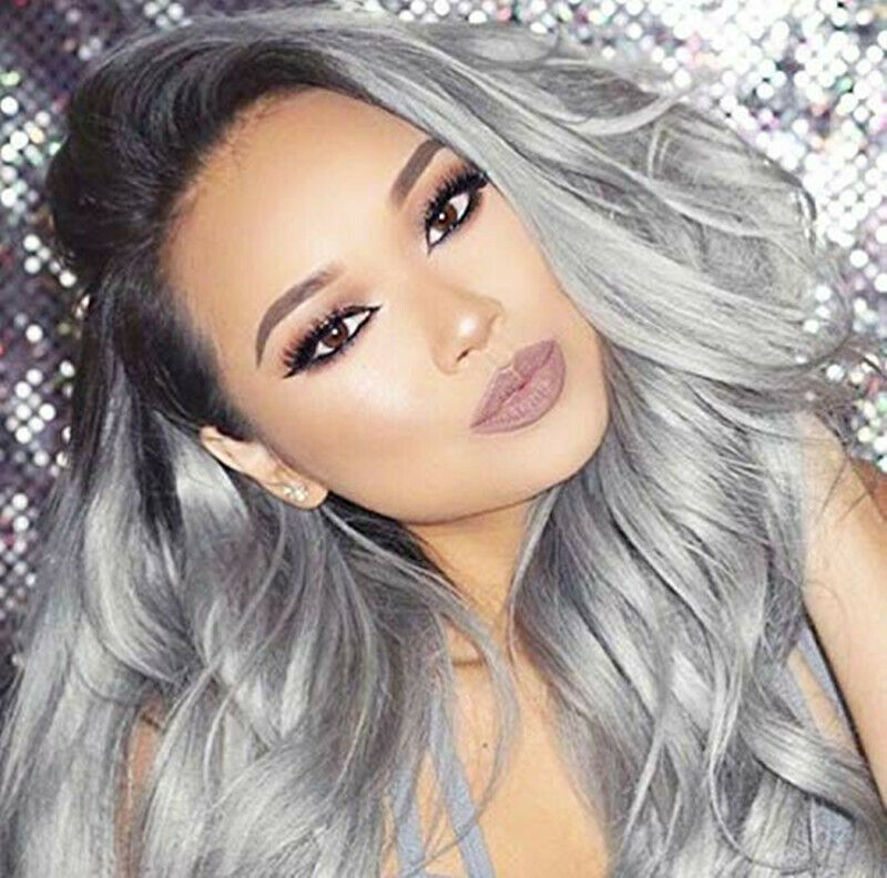 Women's Long Wavy Curly Ombre Black Root Silver Grey Cosplay Anime Wigs