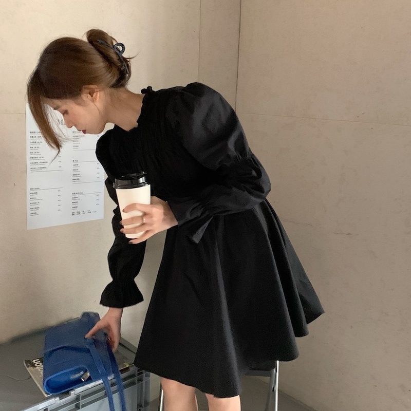 Korean Style Puff Long Sleeve Women Dress Elegant Slim Fit Pleated Vestidos Office Lady Solid High Waist Mini Dresses 210422Z