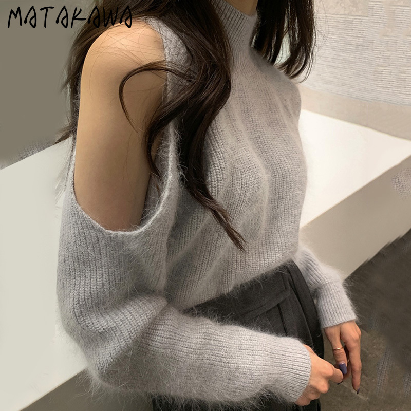 MATAKAWA Korean Spring Turtleneck Strapless Woman Sweaters Wild Mohair Long-sleeved Pullover Knitted Sweater Women 210513