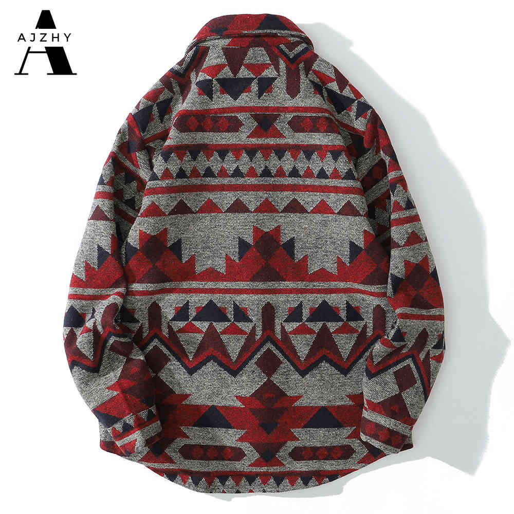 AJZHY Winter Warm Cashmere Flannel Shirt Men Long Sleeve Casual Streetwear Vintage Button Up National Geometric Retro Clothes 210410