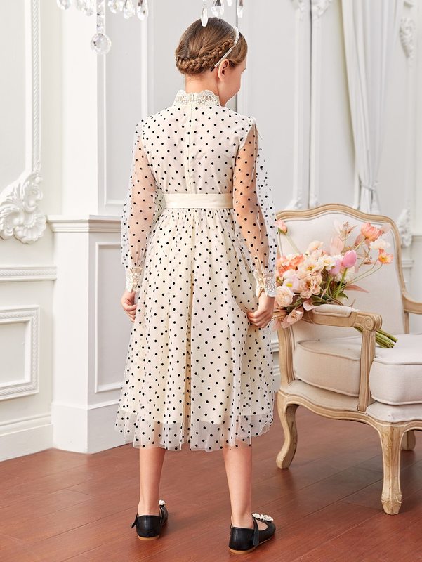 Girls Dobby Mesh Lace Ruffle Trim Belted Dress SHE