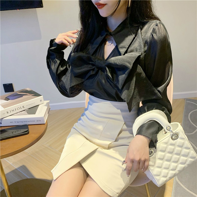 Nomikuma Korean Sweet Bowknot Blouse Shirt Causal Hollow-out Women Tops Spring New Lantern Sleeve Solid Blusas Mujer 6D986 210427