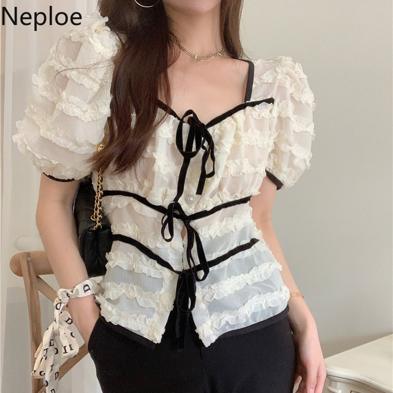 Neploe Korean Chiffon Shirt Women Contrast Color Patchwork Blusas Mujer Puff Sleeve Square Collar Blouses Summer Bow Chic Tops 210422