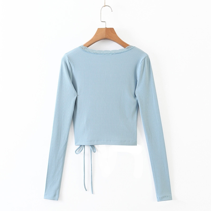 Vintage Spliced Lace Cross V neck Tie Bow Rib Crop Cardigan Women Elegant Hem Bandage Sweater Long sleeve Short Jumper 210429