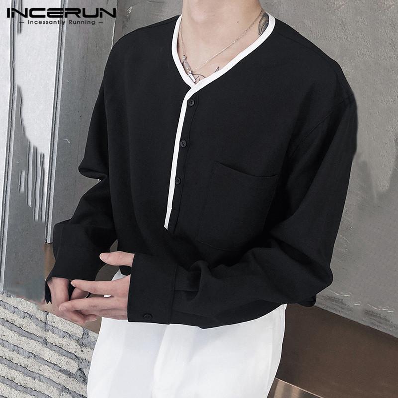 Male Buttons Chemise Mens Leisure Patchwork Shirts Korean Style Long Sleeve V Neck Camisa Hombre Pockets Blusas S-5XL 7 Men's Casual