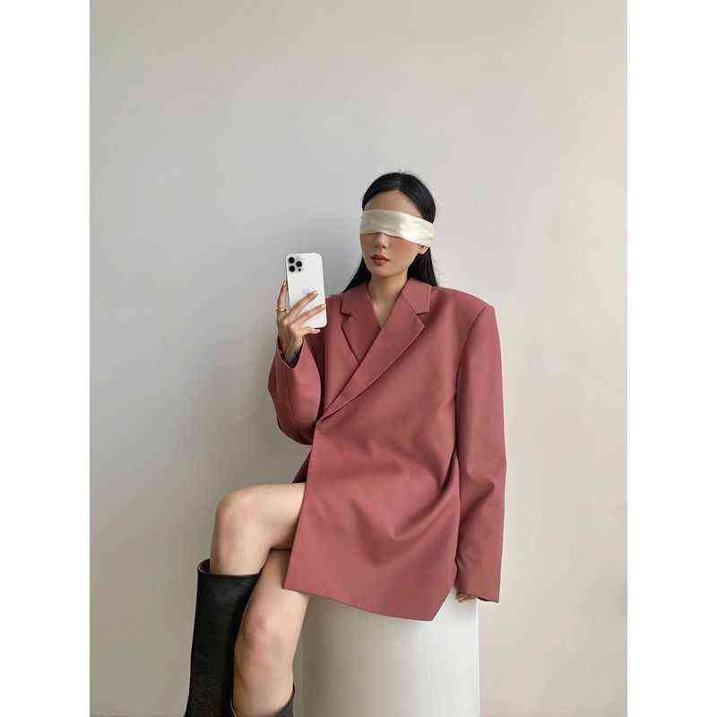 Autumn and Winter Women's Blazer Jacket Casual Solid Hidden Button Pocket Decorative Oversize Coat Fall Women Suit 211122