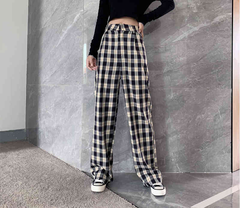 Vintage Elegant Plaid Women Casual Long Pants Street Korean Fashion High Waist Straight Wide Leg Pant 210519