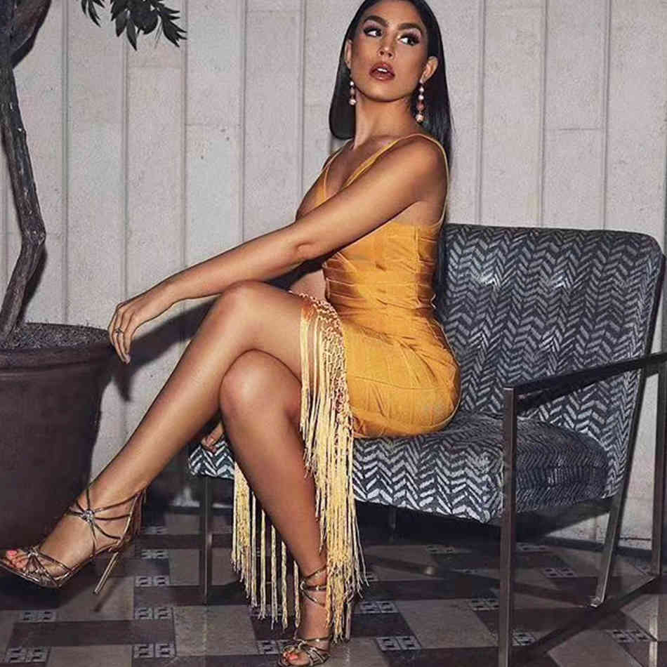 Summer Ladies Fringed Bandage Dress Vestidos Sexy Sleeveless Bodycon Club Midi Celebrity Party 210525