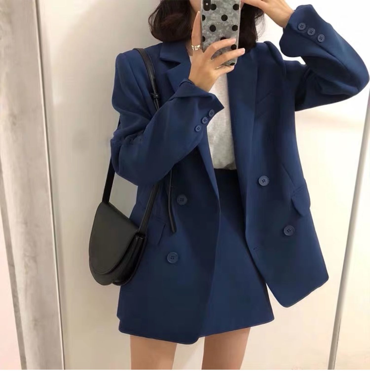 Women Blazer Skirt 2 Pieces Set OL Suit Double Breasted Oversized Jacket office suits 210510