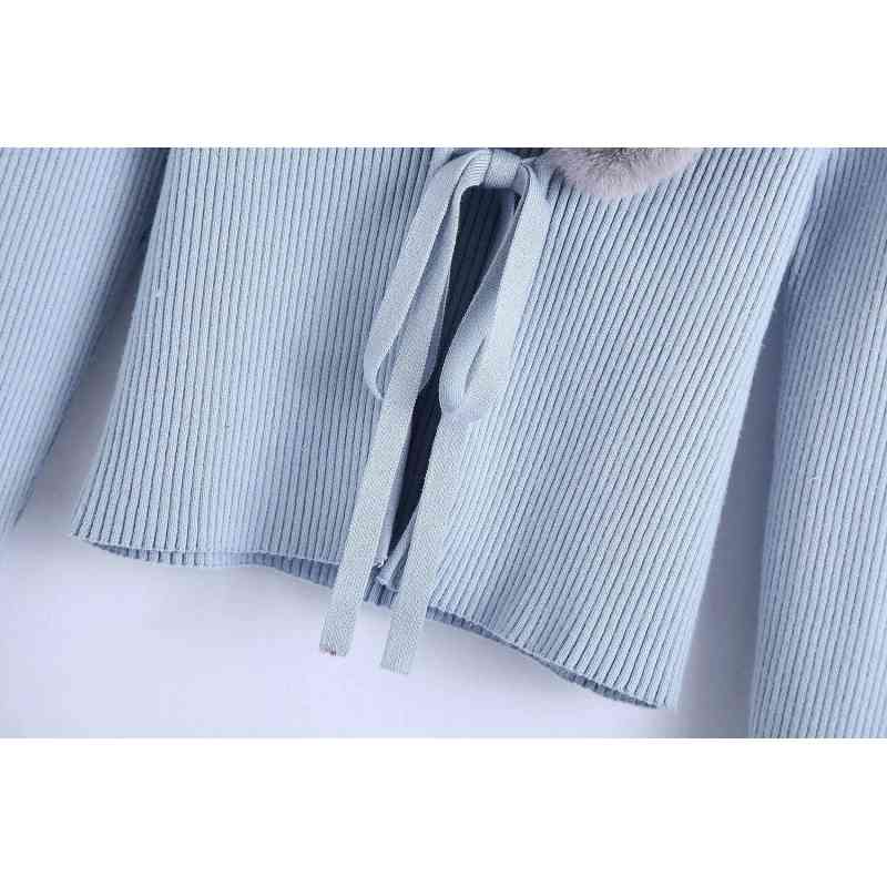 Fashion Fur Collar Women Coats Autumn Patchwork Ladies Knitwears Blue Casual Female Sweaters Bow Sashes Girls Chic 210430