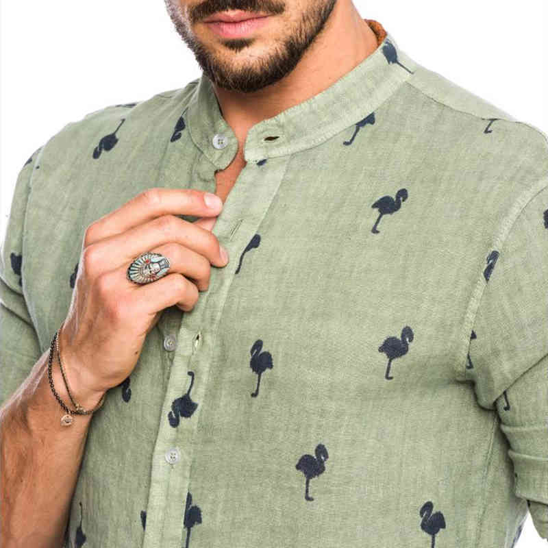 Mens Fashion Casual Printed Flamingo Shirts Social Cotton Linen Slim Fit Summer Hawaiian Korean Collar Long Sleeve Male Business 210410
