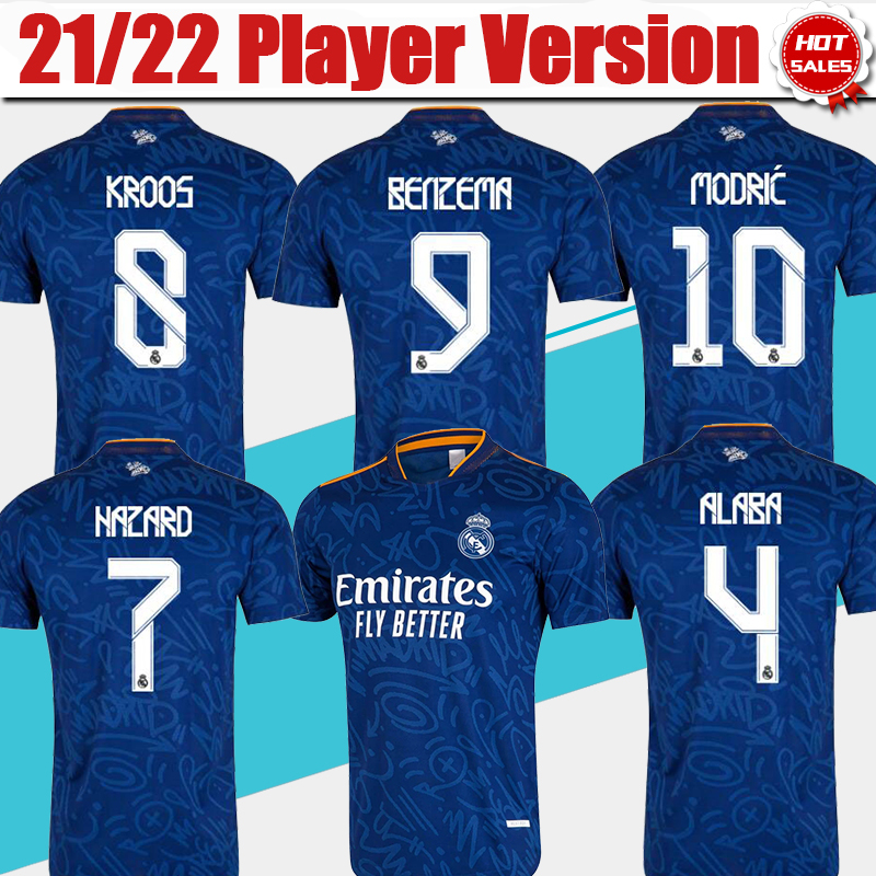 Player version Real Madrid Football Jerseys 21/22 #9 BENZEMA #10 MODRIC Away Blue Soccer shirt 2021/2022 #8 KROOS #20 VINI JR. Uniforms, Away no patch
Player version Real Madrid Football Jerseys 21/22 #9 BENZEMA #10 MODRIC Away Blue Soccer shirt 2021/2022 #8 KROOS #20 VINI JR. Uniforms, Away no patch