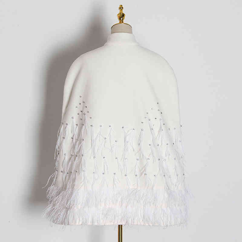 Elegant Patchwork Feather Women Jacket Turtleneck Long Sleeve High Waist Sashes Pearl Casual Coat Female 210524