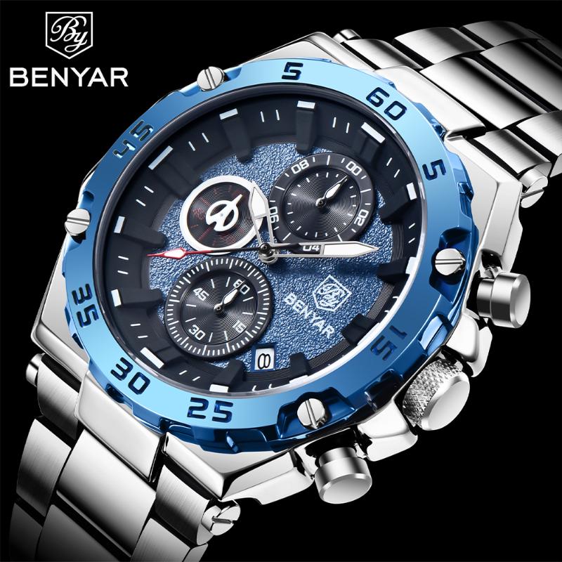 Wristwatches BENYAR Top Men Quartz Wristwatch Stainless Steel Waterproof 30M Business Chronograph Watch For Reloj Hombre, Blue
Wristwatches BENYAR Top Men Quartz Wristwatch Stainless Steel Waterproof 30M Business Chronograph Watch For Reloj Hombre, Blue