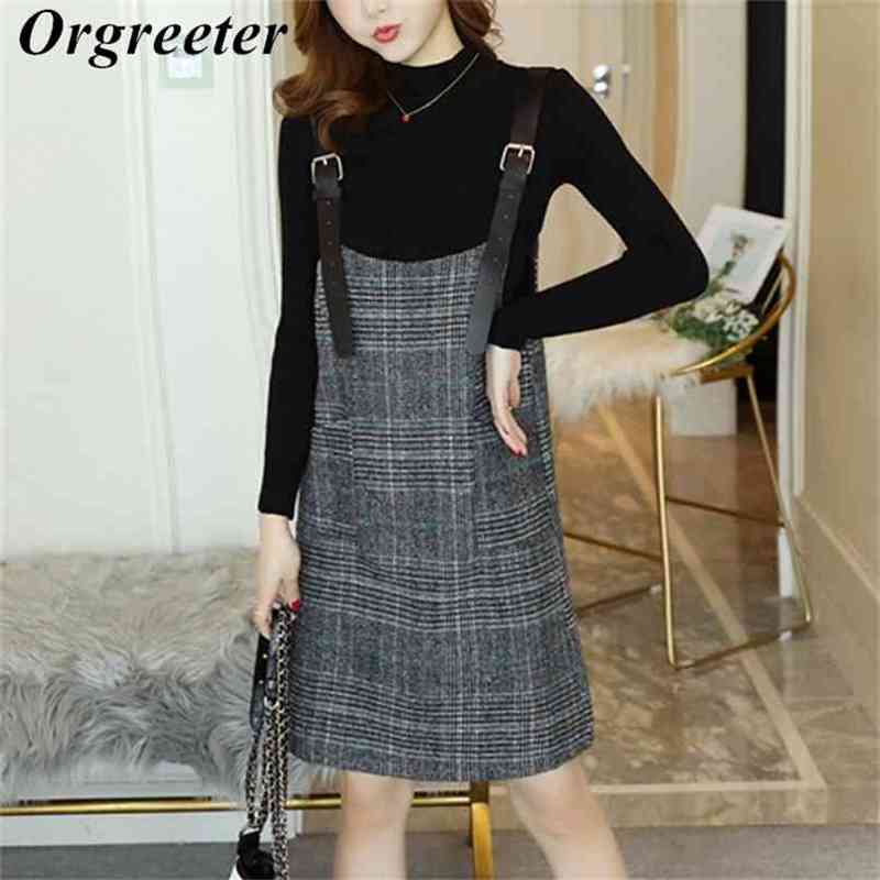 Autumn Two piece set Women Half Turtleneck Sweater Thin Knitting Top + Adjustable strap Plaid Loose Mini Dress Casual Suit 210602, 2 piece set
Autumn Two piece set Women Half Turtleneck Sweater Thin Knitting Top + Adjustable strap Plaid Loose Mini Dress Casual Suit 210602, 2 piece set