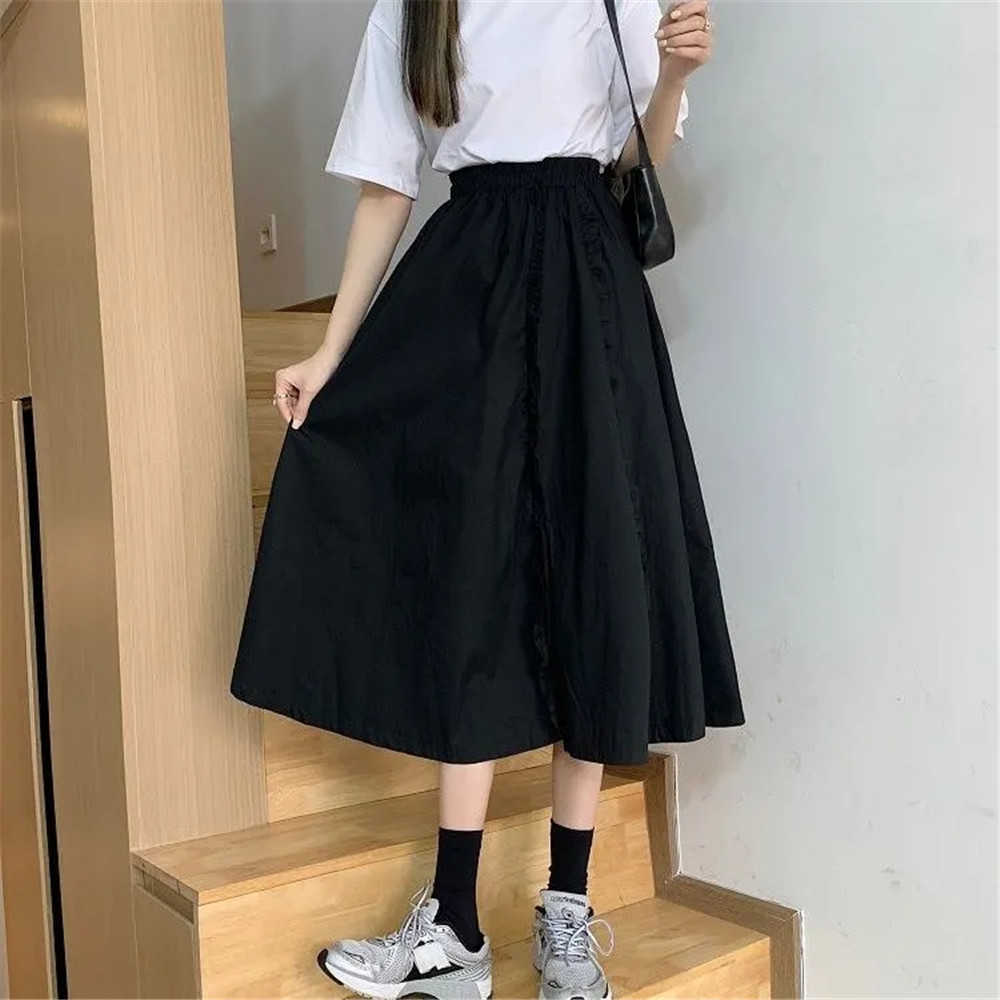 Sweet Japanese Ruffled Pleated Skirt Women High Waist BF Loose Casual Long Skirt Black White Summer Wild Student Streetwear 210619wtt