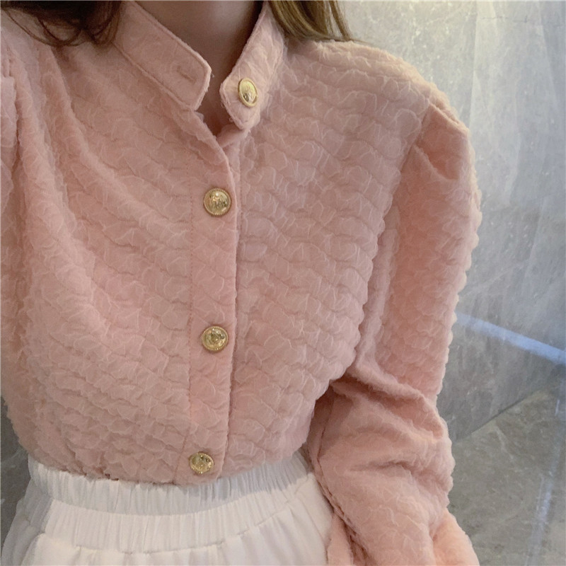 Nomikuma Women Blouse Causal Puff Sleeve Stand Neck Shirt Korean Single Breasted Blusas Femme Spring New Tops 6D976 210427