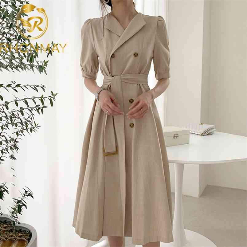 Women Summer Dress 4 Colors High Waist Double Breasted Puff Sleeve Casual Lace up Elegant Long 210506