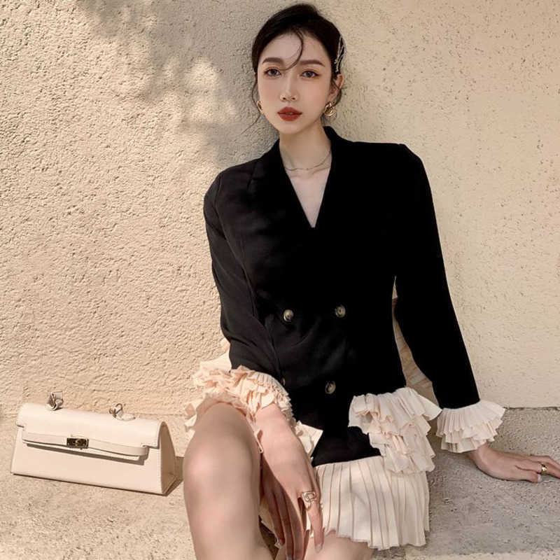 [EWQ] Autumn Female Notched Collar Long-sleeved Blazer Coat Double Breasted Loose Sweet Patchwork Ruffles Suit Top 8Y048 210930