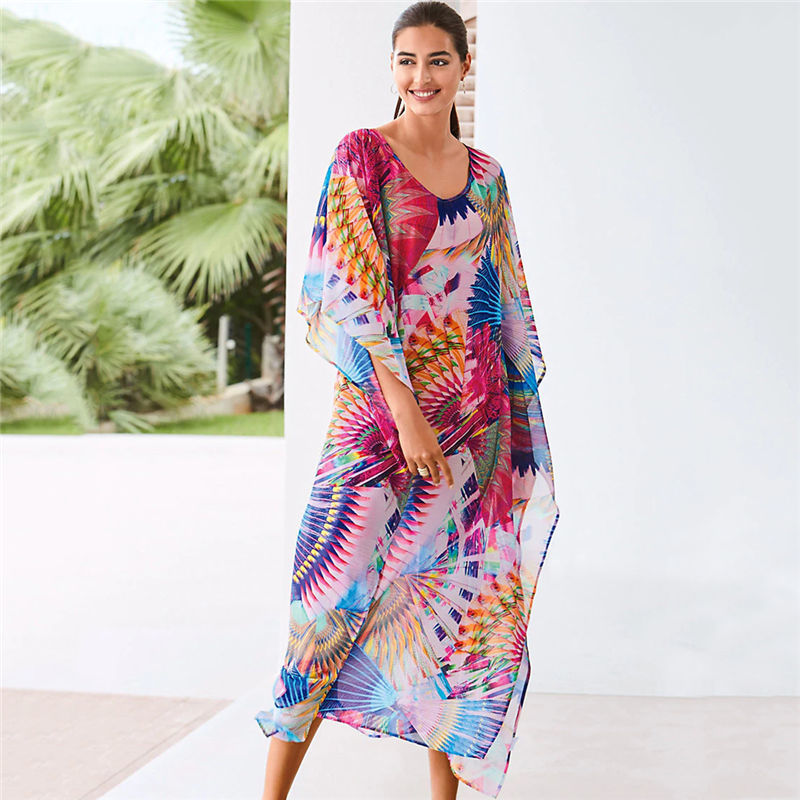 Sheer Bikini Cover-ups Bohemian Printed Loose Summer Beach Dress Chiffon Tunic Women Wear Swim Suit Cover Up Q1061 210420