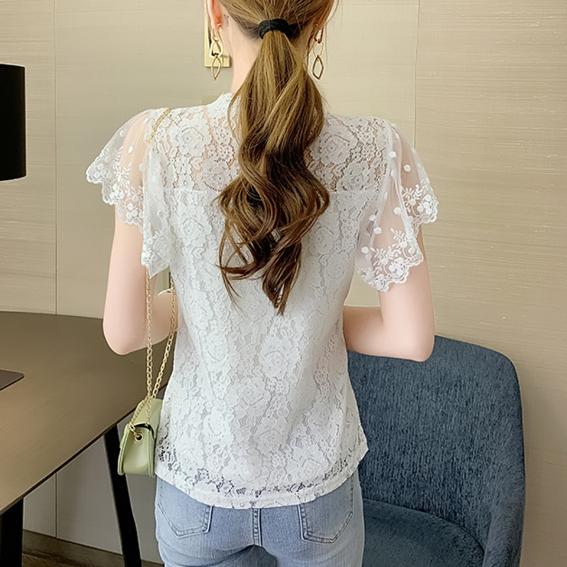 Blusas Mujer De Moda Blouse For Women White Blouse Ruffles Hollow Lace Blouse Short Top For Women White Shirts 210515