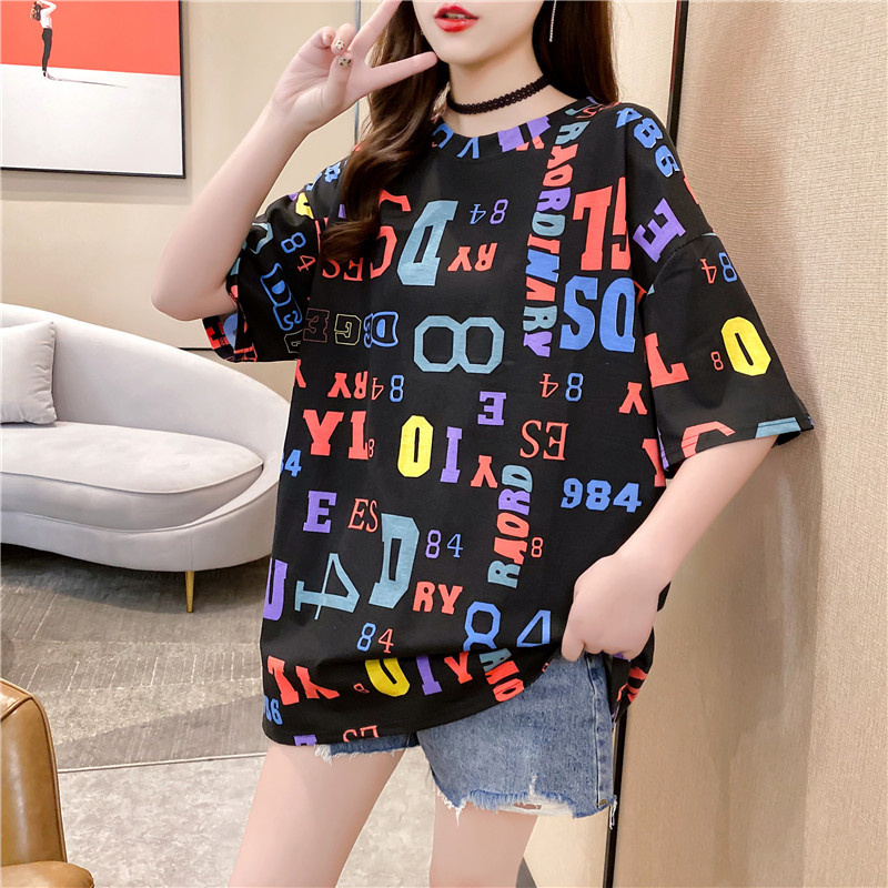 GCAROL Summer Women Cartoon Long T-shirt Oversized Letters Graffiti Multi-Printed Cute Stretch Streetwear Tees Plus Size XL 210406