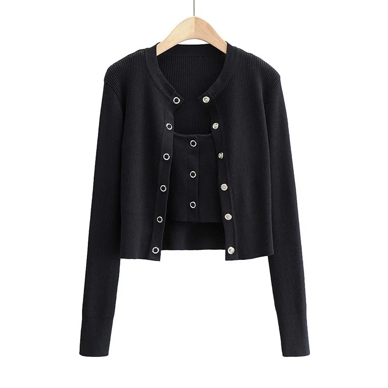2 piece Set Autumn Winter Romantic Purple Knitted Cardigan Cropped Tank Top Single-breasted Button Short Sweater Slim fit Jumper 210429