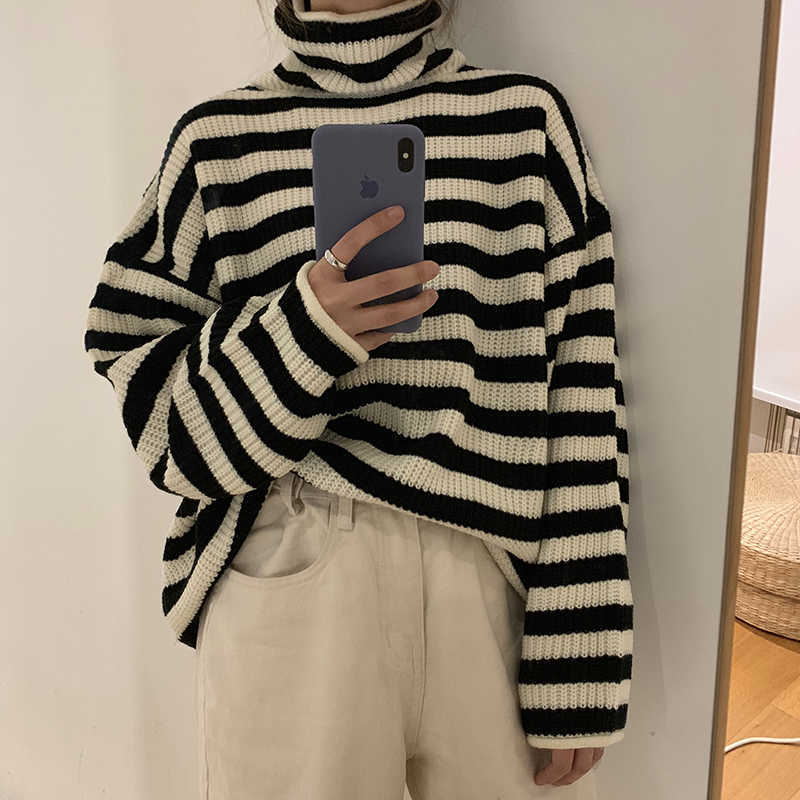 Women Stripes Sweater Harajuku Winter Vintage Women Thickening Loose Warm Turtleneck Sweater 210918