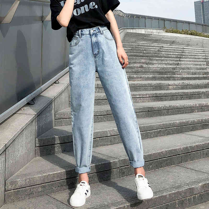 Vintage Denim Trouser Plus Size Boyfriend Jeans Elastic Waist Cotton Loose Washed High Woman Streetwear 10424 210518