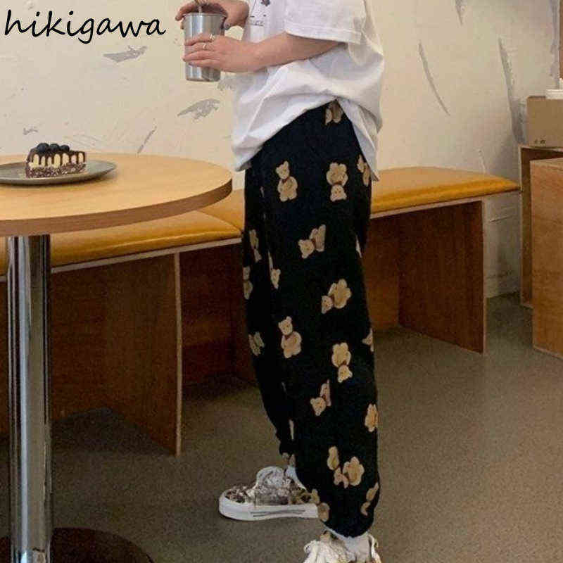 Hikigawa Cartoon Bear Sweatpants Women Streetwear Loose Straight Trousers High Waist Thicked Casual Wide Leg Pants 7z028 211115