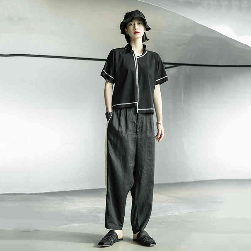 EAM Women Black Line Stitch Irregular Big Size Tshirt Vcollar Short Sleeve Fashion Spring Summer 1X004 210406