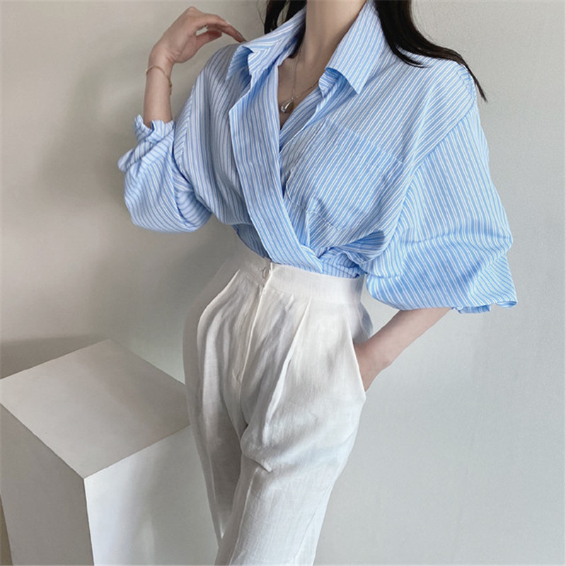 OL Elegant Striped Shirt Femme Autumn Vintage Women Blouses Long Sleeve Lapel Loose Tops Woman Clothes Blusas 210421