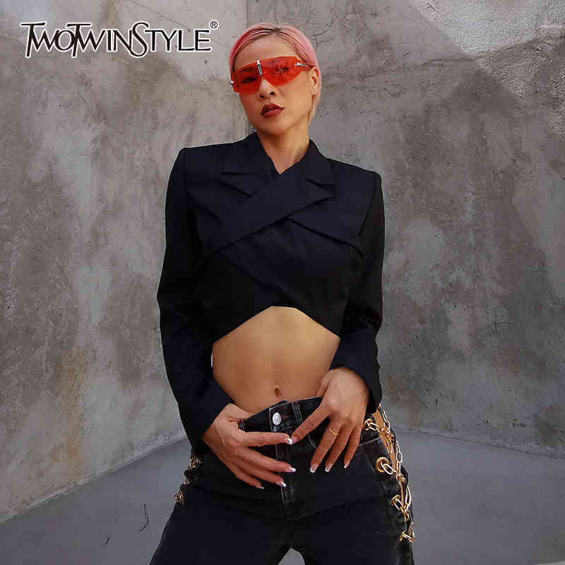 Sexy Black Cross Blazer For Women V Neck Long Sleeve Backless Short Tops Female Autumn Fashion Clothing 210524