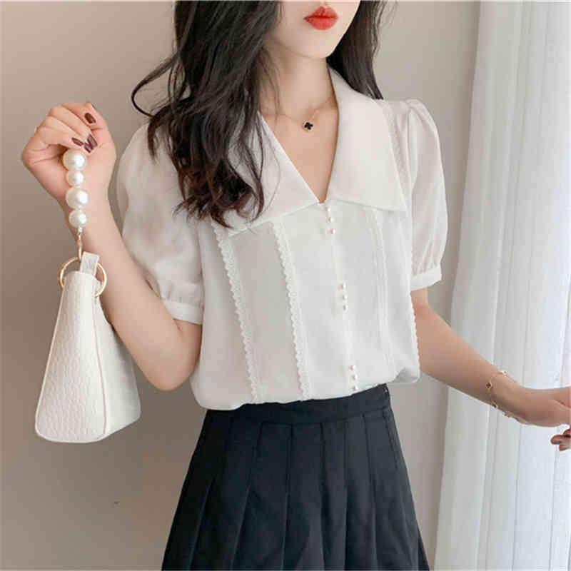 Summer Short Sleeve Chiffon Blouse Fashion V-neck Woman Shirt Solid Korean Top Puff White Women Cardigan 10292 210518