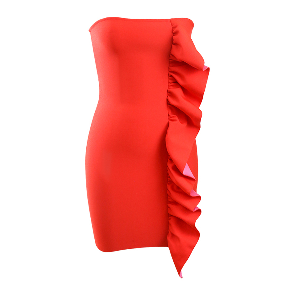Free Summer Women Red Ruffled Bandage Dress Strapless Sleeveless Bodycon Mini Celebrity Club Party 210524