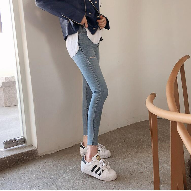 Casual High Waist Light Blue Ripped Jeans for Women Autumn Skinny Pencil Pants Denim Mujer 10406 210508
