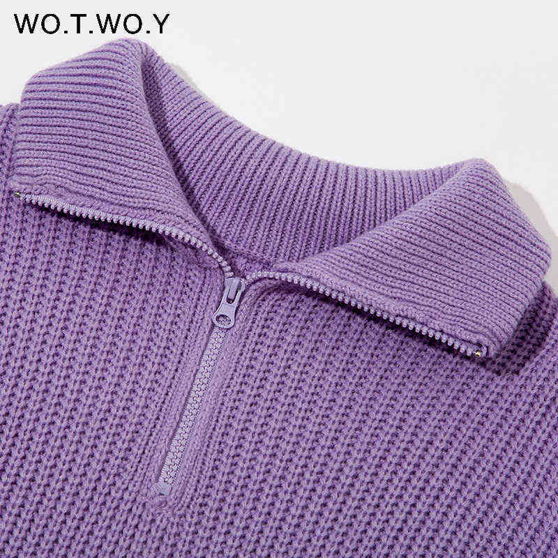 WOTWOY Autumn Winter Thickening Knitted Sweater Women Casual Zipper Polo Collar Loose Knitted Pullovers Female White Jumper 211109