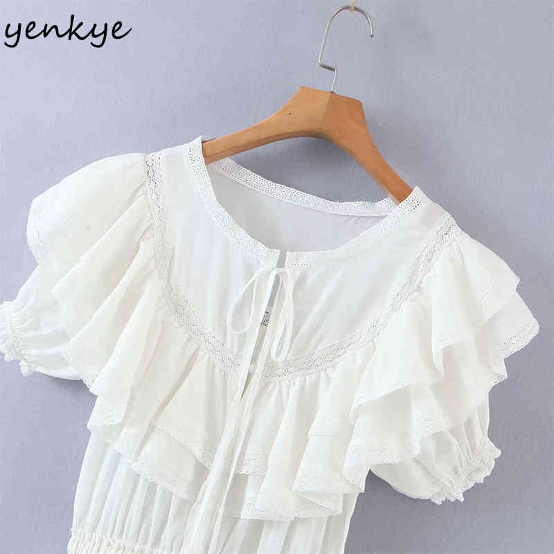 Summer Women Sweet Lace White Dress Female Short Sleeve Layered Ruffle Cake Party Mini Vestido 210430
