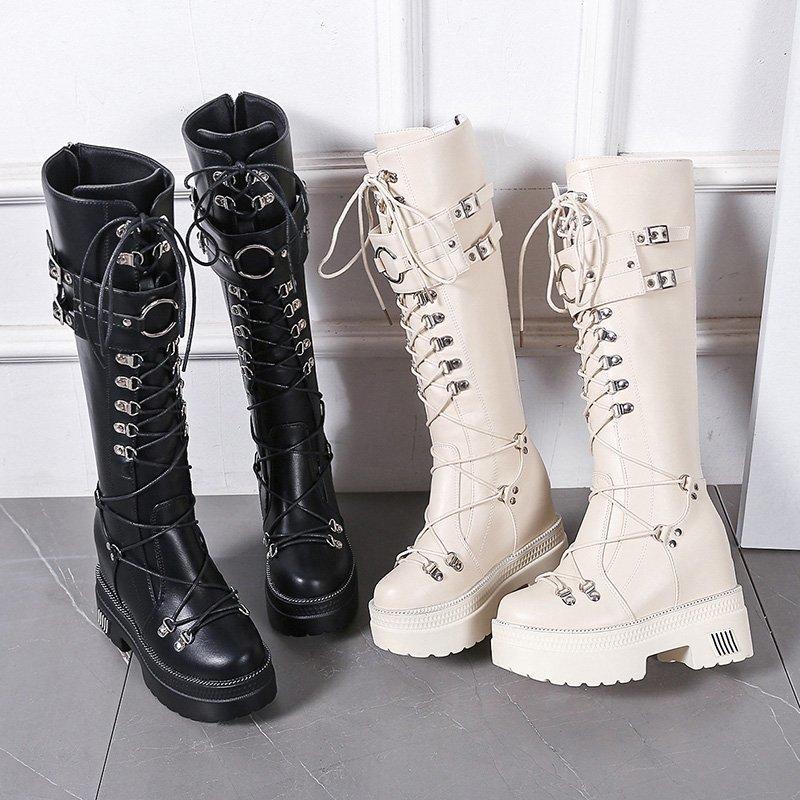 10cm Heel Motorcycle Boots Black Knee High Punk Cosplay Fashion Goth Wedges Platform Heels Women Shoes