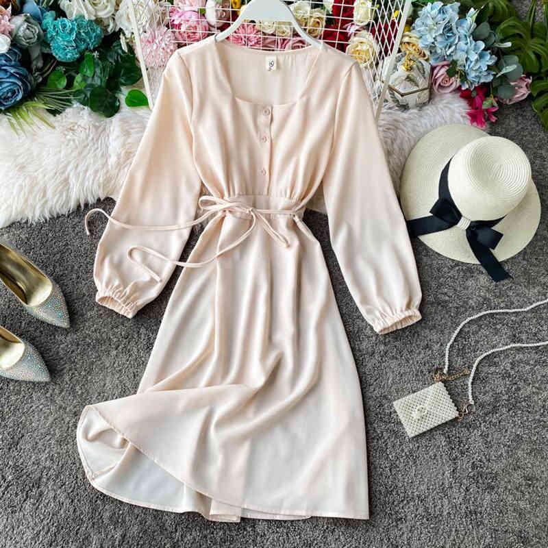 Spring Korean Solid Color Dress Women Long Sleeve Slim Party Dress Square Collar Basic Dresses High Waist Elegant Vestidos 210521