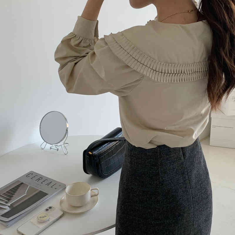 Spring Fashion Vintage Elegant Women Chic Peter Pan Collar Long Sleeve Blouse Work OL Solid Color Blusas Feminino 210519
