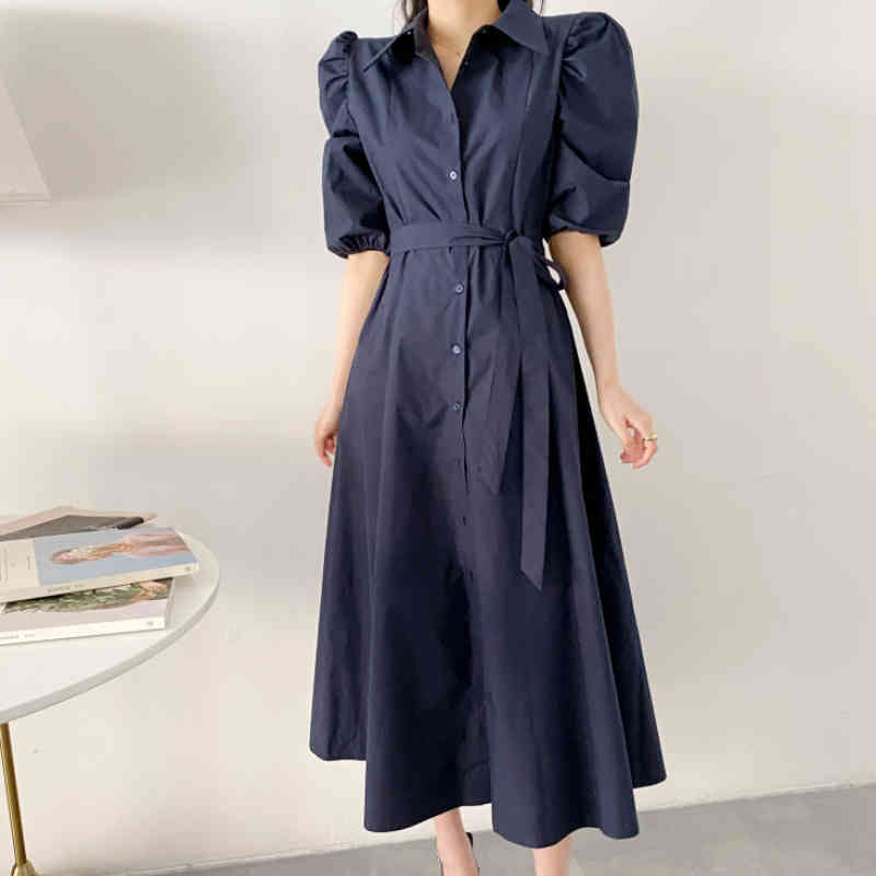 Nomikuma Causal Women Blouse Dress Lace Up Slim Waist Elegant Korean Dresses Puff Sleeve Single Breasted Vestidos De Mujer 6H074 210427