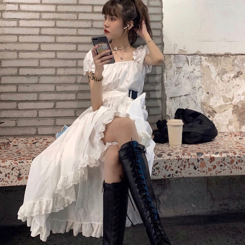 Korean Elegant Casual Women Summer Dress Female Square Collar Vintage Puff Sleeve Irregular Lace Splice Midi Long Dress Vestidos 210331