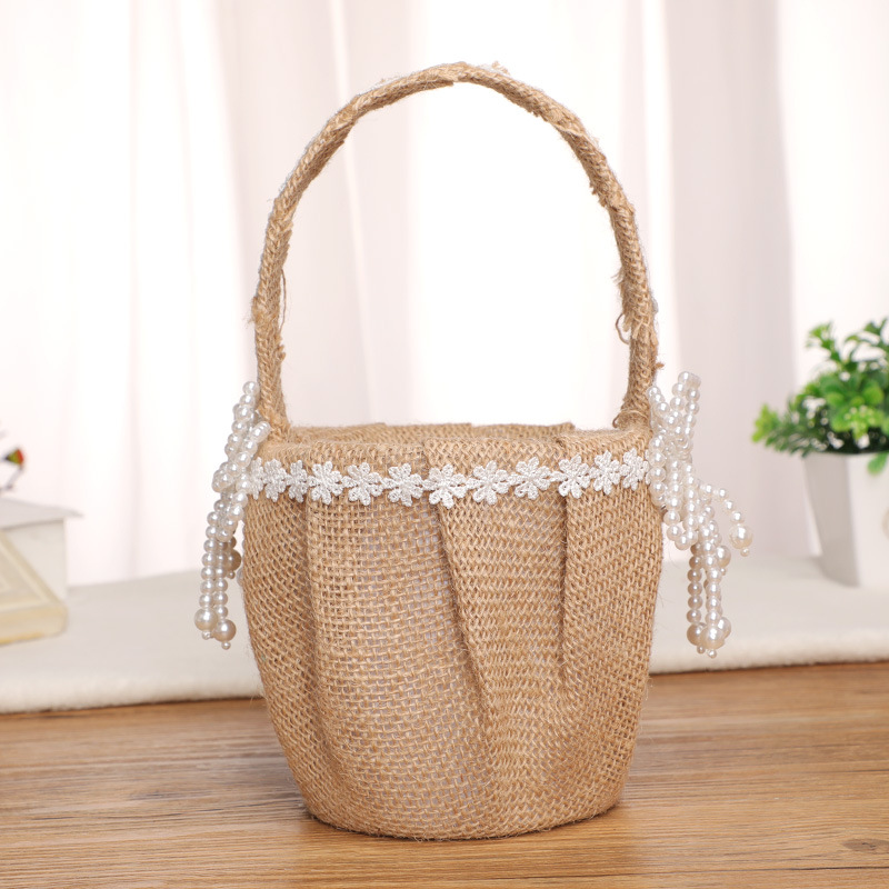 Linen Wedding Flower Basket Ring Pillow Set with Satin Rose Pearl Elegant Bride Girl Baskets H-5713 Party Supplies