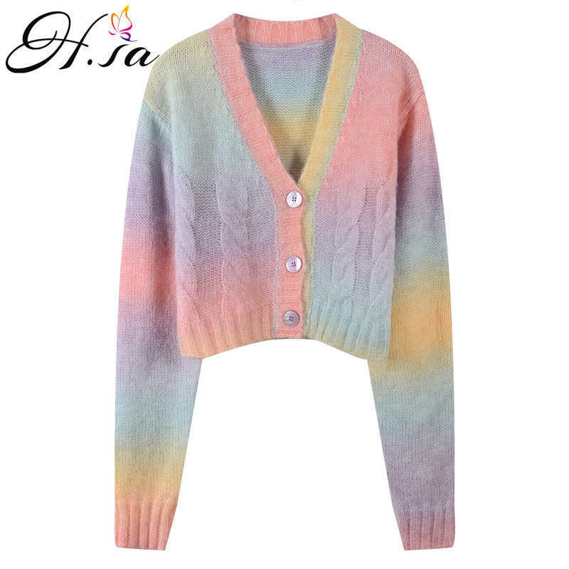 H.SA Spring Autumn Women Short Cardigans Rainbow Coloful Twisted Sweater Tops Knitted Spring Tops Rainbow Striped Cardigan 210716