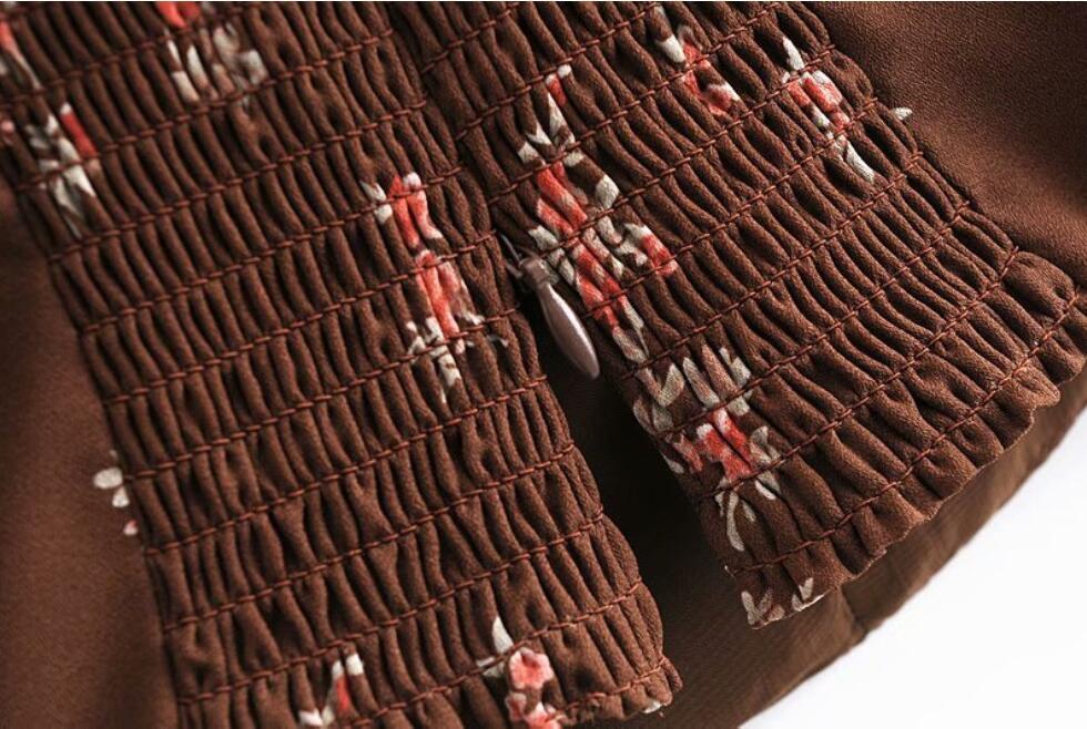 Vintage France Back Elastic Ruched Coffee Floral Print Shirt Bow Crop Tops Women Chiffon Short Puff Sleeve Blouse 210429